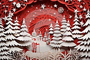 Paper art of Merry Christmas and Happy New Year background. Red and white paper craft. Generative ai