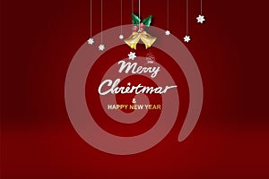 Paper art of Merry Christmas and Happy New Year with red tone background.Creative minimal holly leaf and Golden bell for greeting