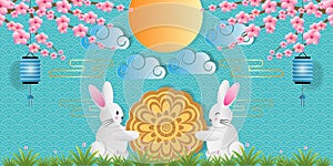 Paper art of mid autumn festival greeting card, banner with cute rabbit, mooncake, light bulb and cherry blossom. Vector