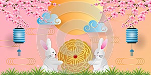 Paper art of mid autumn festival greeting card, banner with cute rabbit, mooncake, light bulb and cherry blossom