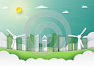 Paper art of nature landscape and green city background template