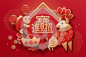 Paper art new year design with ox photo