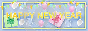 Paper art of New year Festival with Gift box and ballloon top view background vector