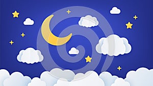 Paper art night sky. Origami dream landscape scene with moon, stars and clouds. Paper cut cartoon decoration for baby