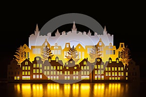 Paper art Night Winter Gold Town with New Year Lights. Happy new year and Merry christmas. Copy space for text