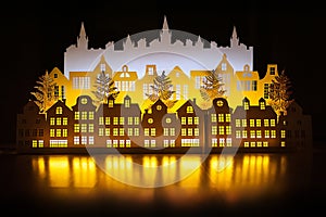 Paper art Night Winter Gold Town with New Year Lights. Happy new year and Merry christmas. Copy space for text