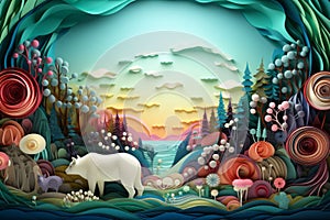 paper art of a polar bear in the forest at sunset