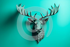 Paper art portrait of moose head on green background, generative AI