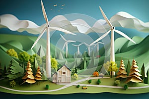 Paper art, renewable energy with green energy as wind turbines. Generative AI