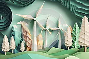 Paper art , renewable energy with green energy as wind turbines , Renewable energy by 2050 Carbon neutral energy , Energy