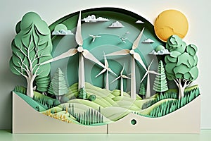 Paper art , renewable energy with green energy as wind turbines , Renewable energy by 2050 Carbon neutral energy , Energy