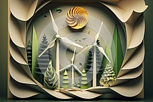 Paper art , renewable energy with green energy as wind turbines , Renewable energy by 2050 Carbon neutral energy , Energy