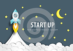 Paper Art of Rocket launch and half moon, cloud and star in night time, start up business concept vector
