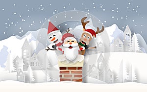 Paper art of Santa Claus, Snowman and Reindeer at the chimney in village with snow mountain background