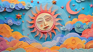 Paper art scene sun and clouds, vibrant sky. Decor,art. Colorful, multilayered clouds and stars.