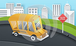Paper art of school bus running on country road, back to school concept
