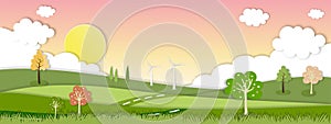 Paper art Spring landscape with mountain, sky and clouds,Panorama Green fields, fresh rural nature in springtime with green grass