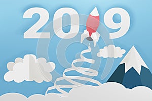 Paper art style of 2019 Heart ribbon with Rocket launch in the sky, 3D rendering design.