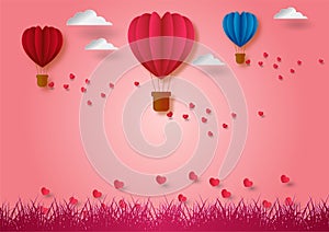 Paper art style of balloons shape of heart flying with pink background, vector illustration, valentine`s day concept