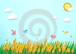 Paper art style Barley field and birds sun with cloud background