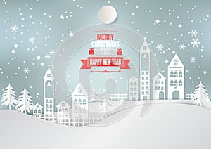 Paper art style, City for Christmas Season with Snowflake and tree. vector illustration
