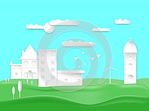 Paper art style design city town and house countryside on Green lawn with carton airplanes sun in sky cloud background. concept ve