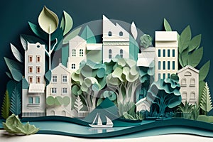 Paper art style eco friendly city with green plants and clean water, generated ai