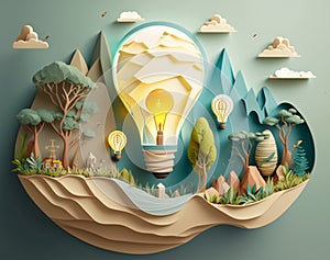 Paper art style eco friendly planet, clean energy concept with green plants and light bulb, generated ai
