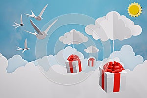 Paper art style of Happy new year 2019 and Falling gift box in the sky, 3D rendering design.