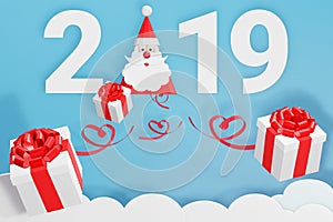 Paper art style of Happy new year 2019 and Santa Claus hat scatter gift box in the sky, 3D rendering design.