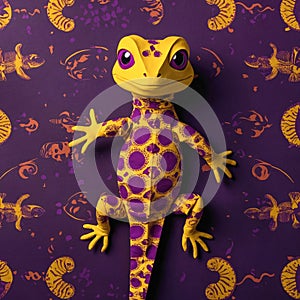 paper art style illustration of a smiling gecko cut out with purple and yellow color paper on colored background