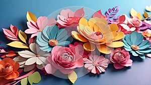 Paper art style illustration of spring flowers on pastel blue background. AI generated