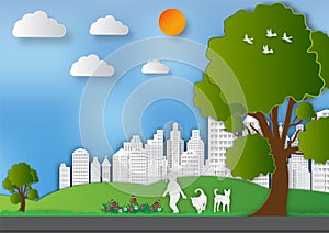 Paper art style of Landscape with girl and dogs in city parks to save the world and ecology idea, Abstract vector background
