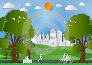 Paper art style of Landscape and People in city parks to save the world idea, Abstract vector background