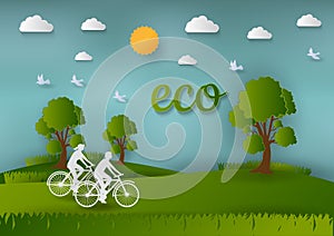 Paper art style of Landscape and People in nature, concept of save the world and ecology , abstract vector background