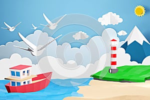 Paper art style of Lighthouse and Boat is sailing in the sea under the sunlight, 3D rendering design.