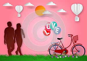 Paper art style of with man and woman in love, Balloons with text love and bicycle on pink background, vector illustration, valent photo