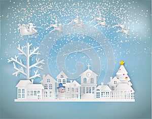 Paper art style of Merry Christmas and Happy New Year. Santa Claus on the sky coming to City. with winter landscape and stars is