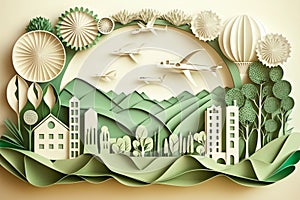 Paper art style , Paper cut of eco city design Green energy concept and environment conservation. Generate Ai