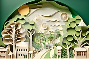 Paper art style , Paper cut of eco city design Green energy concept and environment conservation. Generate Ai