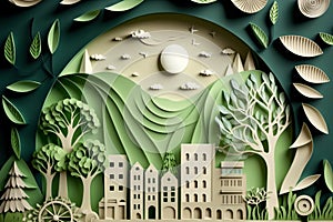 Paper art style , Paper cut of eco city design Green energy concept and environment conservation. Generate Ai