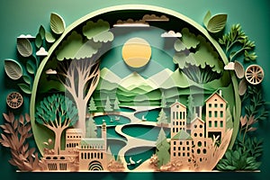 Paper art style , Paper cut of eco city design Green energy concept and environment conservation. Generate Ai