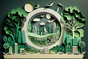 Paper art style , Paper cut of eco city design Green energy concept and environment conservation. Generate Ai