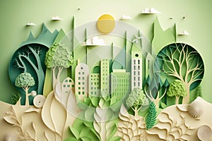 Paper art style , Paper cut of eco city design Green energy concept and environment conservation. Generate Ai