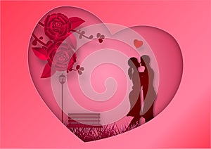 Paper art style of rose flowers on pink background In the frame with man and woman in love. vector illustration