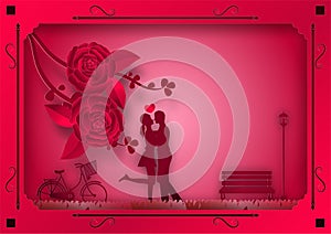 Paper art style of rose flowers and vines on pink background In the frame with man and woman in love. vector illustration