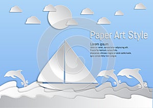 Paper Art Style. Sea and waves with sailboat and Dolphin. vector illustration