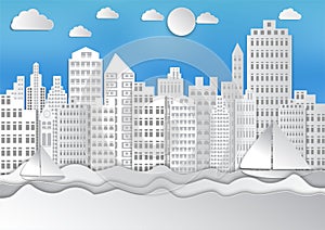 Paper Art Style. Sea and waves white city with sky and clouds. vector illustration background