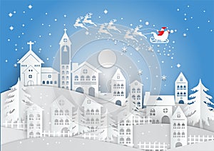 Paper art style, winter holiday with home and Santa Claus background. Christmas season. vector illustration