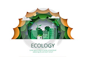 Paper art of Sustainability in green eco city, alternative energy and ecology conservation concept landing page website template